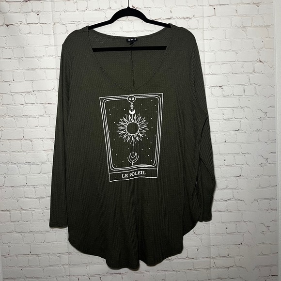 torrid Tops - Torrid Olive Green Long Sleeve Tarot Sun Le Soleil Graphic Waffle Knit Top 3 3x